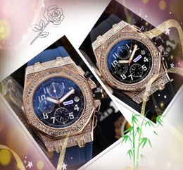 Relogio Masculino Brand Mens Quartz Watches Stopwatch Stophatch Black Green Rubber Strap Diamonds Ring Japan Quartz Movement Set Auger Racing Timing Wristwatch Cadeaux