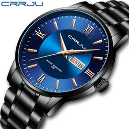 Relogio masculino CRRJU montres pour hommes montre-bracelet de mode pour hommes bande en acier inoxydable étanche Date bleu cadeau montres à Quartz 210804