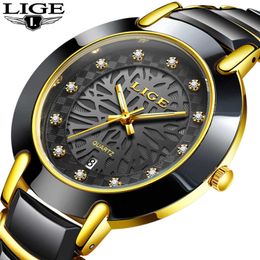 Relogio Masculino LIGE Marque Céramique Montres Hommes Top Mode Diamant Étanche Montre-Bracelet Date Quartz Horloge + Boîte 210527