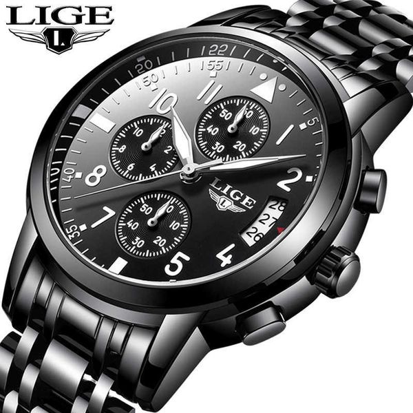 Relogio masculino LIGE Relojes para hombre Top Brand Luxury Fashion Business Reloj de cuarzo Hombres Sport Full Steel Impermeable Reloj negro 210527