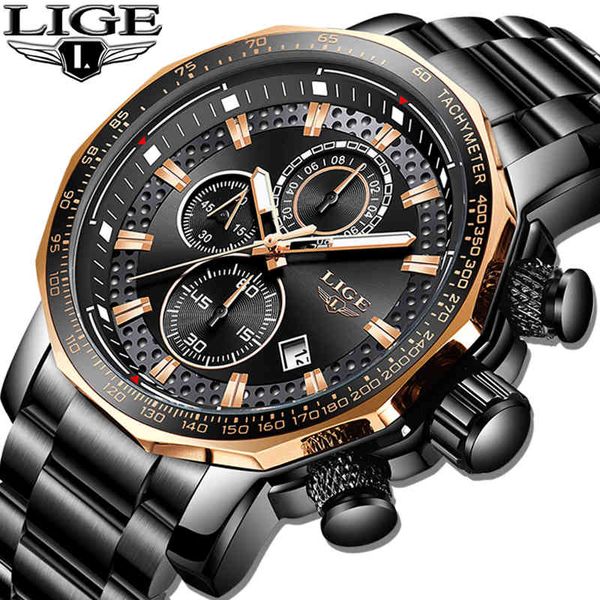 Relogio Masculino Lige New Sport Cronógrafo Relojes para hombre Top Brand Luxury Full Steel Reloj de cuarzo Impermeable Big Dial Watch Men Q0524