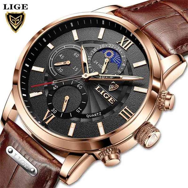 Relogio masculino Relojes para hombre LIGE Top Brand Cuero Cronógrafo Impermeable Deporte Automático Fase lunar Reloj de cuarzo para hombres 210804