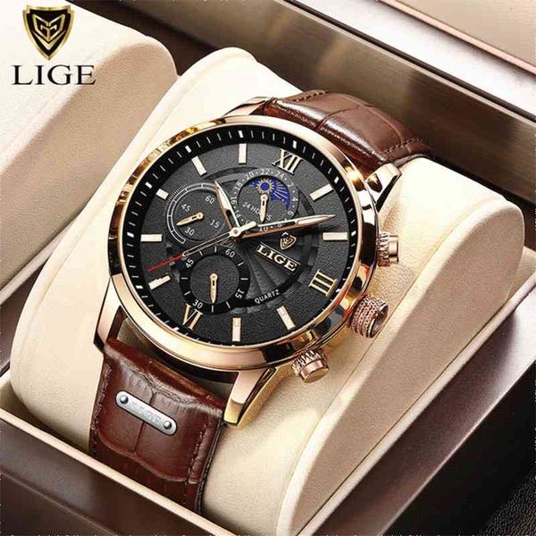 Relogio Masculino Relojes para hombre Lige Top Brand Cronógrafo de cuero impermeable Deporte Automático Fase lunar Reloj de cuarzo para hombres 210728