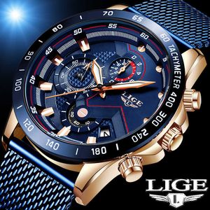 Relogio Masculino Montre Hommes LIGE Bleu Casual Mesh Ceinture Mode Hommes Montres Top Marque De Luxe Militaire Étanche Horloge 210527