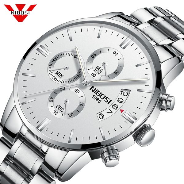 Reloj NIBOSI de lujo de la mejor marca para hombre, reloj de pulsera blanco plateado, reloj resistente al agua, reloj de cuarzo, el mejor reloj para hombre, reloj Masculino