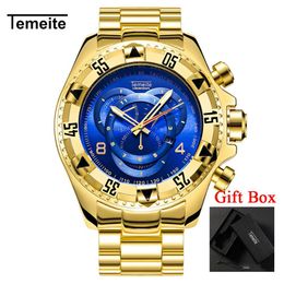 Relogio TEMEITE 2018 nouvelles montres à Quartz hommes mode créative lourde montre-bracelet étanche de luxe or bleu plein acier Masculino317w