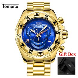 Relogio TEMEITE 2018 Nieuwe Quartz Horloges Heren Mode Creatieve Zware Waterdichte Horloge Luxe Goud Blauw Volledig Staal Masculino317w