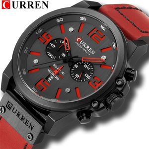 RELOJ HOMBRE Casual kwarts horloges voor mannen Curren Fashion Red Leather Sports Men polshorloge Chronograph Male Watch LJ201119