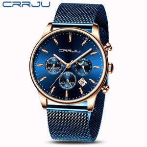 Reloj hombre relojes CRRJU, relojes de lujo de la mejor marca para hombre, reloj de pulsera resistente al agua con abertura para fecha, correa de malla para hombre, cuarzo informal 274G