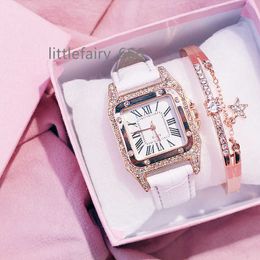 Relojes Cuadrados Fashion Trend Elegant Square Womens Watch Shining Stars Diamond Watch Pink Box Armband Set