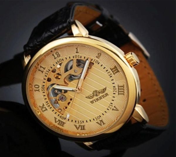 Relojes de Marca Hombre Lujo Gagnant des hommes Gold Skeleton Hand Wind Mechanical Watchs en cuir bracele