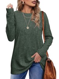 Remelon Solid Fashion Casual Gebreide Rib Oneck Pullover Lange Mouw Dames T-shirt 2023 Herfst Elegante Veelzijdige Losse Vrouwen Tops 240130