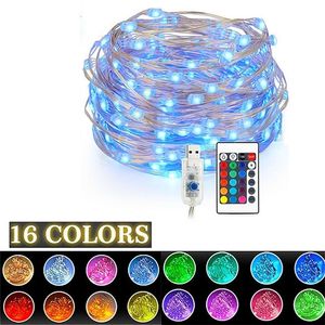 Télécommande Fée Led Guirlande Lumineuse 16 Couleurs USB 5V 5m / 10m Guirlande De Noël Lumière Extérieure pour Mariage Décoration De Fête De Noël Y200903