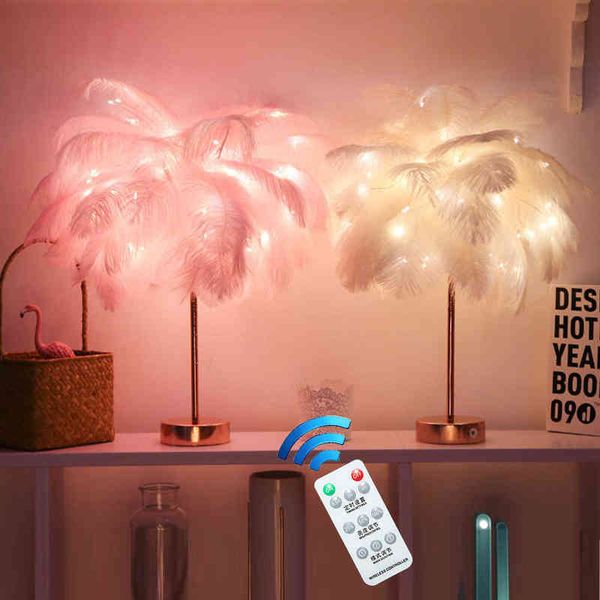 Lámpara de mesa de plumas con control remoto USB / AA Batería de energía DIY Luz cálida creativa Árbol Pantalla de plumas Boda Hogar Dormitorio Decoración H220423