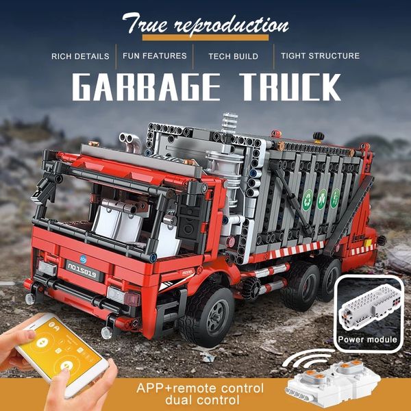 Blocs de construction de camion à ordures motorisés avec télécommande MOC-38031 Mouldking 15019 Jouets de voiture modèle technique Assembler des briques Cadeaux de Noël pour enfants