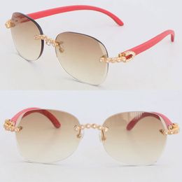 Lunettes de soleil sans monture amovibles Moissanite Diamond Set Womans Original Red Wood glasses Design Modèle classique Box Frame Lunettes de luxe en bois Taille 61-18-140mm