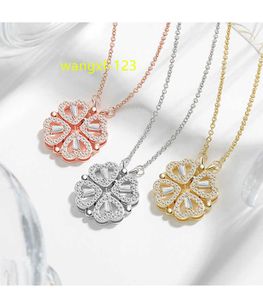 Collier rotatif amovible en Zircon incrusté pour femmes, beau collier magnétique en forme de cœur, pendentif trèfle à quatre feuilles, bijoux