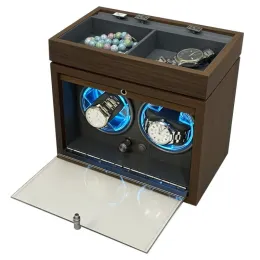 Remover Automatic Watch Winder Black Walnut Wooden Openop 2 Epitopen Cool Blue Light Multifunctionele desktopopslag Open Cover Stop