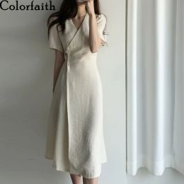 Remover Colorfaith Nouveau 2021 Femmes Robes d'été Vneck Lace Up High Wistage Vintage Elegant Korean Style Pure Lady Long Robes DR3135A