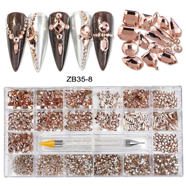 REMOVERS NONHOTFIX FLAT Back Rose Gold Rhinestones1 Pickup stylo dans la boîte de rangement 20 Shapes Light Champagne Nail Art Crystals Stones H *