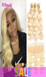 Remy Blonde Color Hair Body Wave 34 Bundels met 4x4 oor tot oorkant frontale sluiting Braziliaanse maagdelijke mens 613 blond haar7052555
