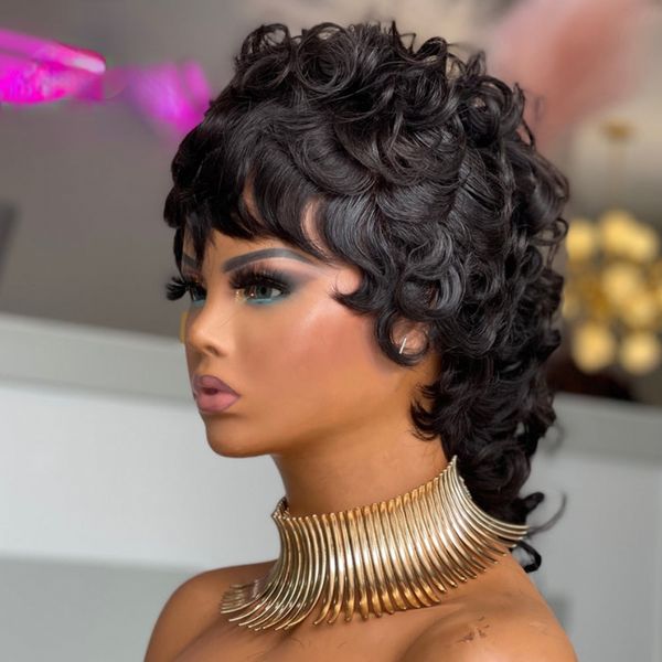 Remy cheveux brésiliens courts bouclés Bob Pixie Cut perruque couleur noire pas de dentelle pleine perruques de cheveux humains avec Bang pour les femmes noires perruque de vague profonde