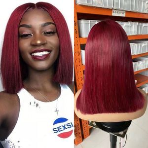 Remy Bourgogne Péruvien Court Bob Perruque Droite Cheveux Humains 150% Lace Front Perruques avec Bébé Cheveux Rouge 99J Pré-Coloré