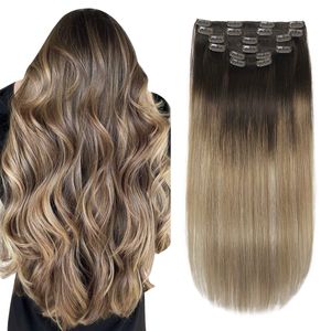 Remy Clip-in Human Hair Extensions Balayage Ombre Dubbele Inslag Clip-ins op Extension 120g