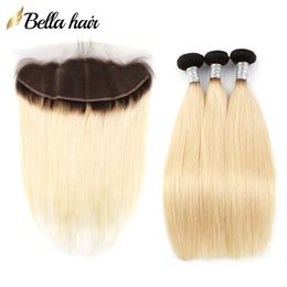 Blonde ombre haarbundels met kanten frontale 13x4 Braziliaans maagdelijk haar zijdeachtige rechte dubbele inslagextensies inslag 1B/#613