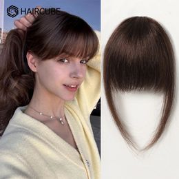 Remy Human Hair Pony Hair Clip in pony Natural Bruine Wispy Bang Fringe with Temples Hairpiece for Women Clip on Air Bang 45in 240314