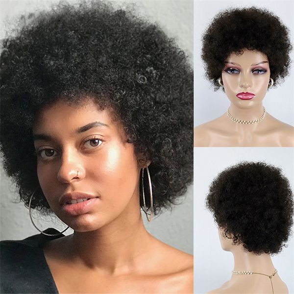 Peluca rizada afro corta de Remy, cabello humano brasileño para mujeres negras con pelucas con flequillo de alta calidad