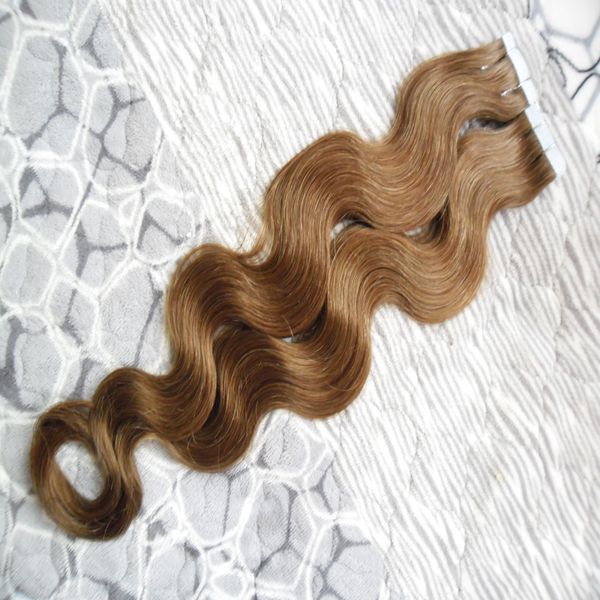 Extensiones de cabello humano 100% con cinta Remy, 100g, 40 Uds., cinta colorida en la extensión de la onda del cuerpo, pegamento en la trama de la piel en el cabello