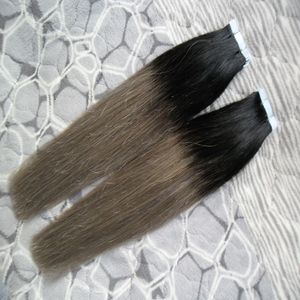 Extensions de cheveux Remy à bande adhésive, paquet de 40 pièces, trame de peau adhésive, T1B, gris argenté, 100 grammes, cheveux naturels gris ombrés