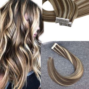 Remy Tape In Hair Extensions Light Brown Piano Bleach Blonde Skin Weft Invisible 20pcs 16-24inch