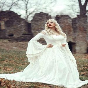 Vestido de fiesta de encaje gótico renacentista Vestidos de novia con capa Tallas grandes Campana Manga larga Princesa medieval celta Vintage Nupcial Go197Q
