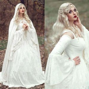 Renaissance gotische kant trouwjurken met mantel plus size vintage bel lange mouw Keltisch middeleeuws prinses A-lijn bruiloft Brid3083