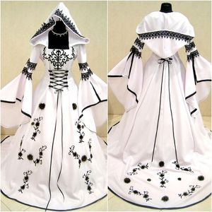 Renacimiento Medieval Vintage Blanco y negro Vestidos de novia 2019 Manga larga Bordado Encaje Apliques Con cordones Volver Vestidos de novia góticos