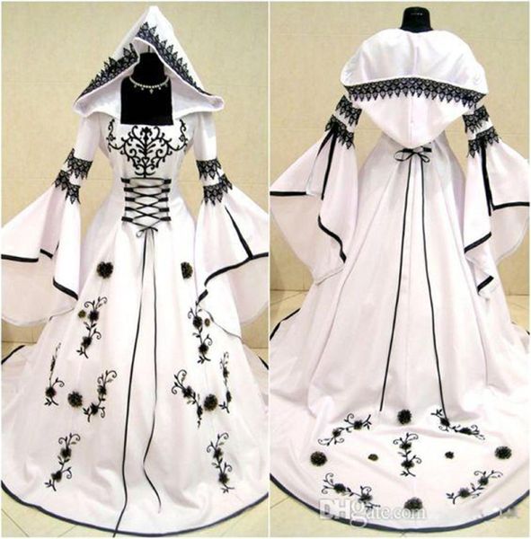 Renacimiento Medieval Vintage vestidos de novia en blanco y negro 2021 manga larga bordado encaje apliques con cordones espalda gótica nupcial8502587