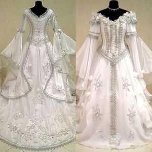 Renaissance middeleeuwse bruiloft Keltische jurk voor vrouwen opvlammen lange mouw een lijn vintage Victoriaanse bruidsjurken fantastische korset plus size robe de mariiee