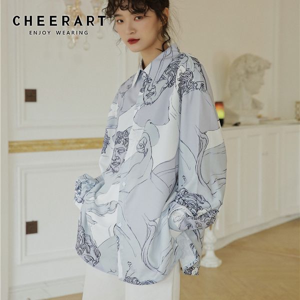 Blusa de manga larga con estampado renacentista para mujer, camisa de diseñador con botones, ropa blanca suelta, otoño 210427