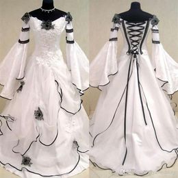 Renaissance Vintage noir et blanc robes de mariée médiévales Vestido De Novia robes de mariée celtiques avec manches ajustées et évasées Flowe260K