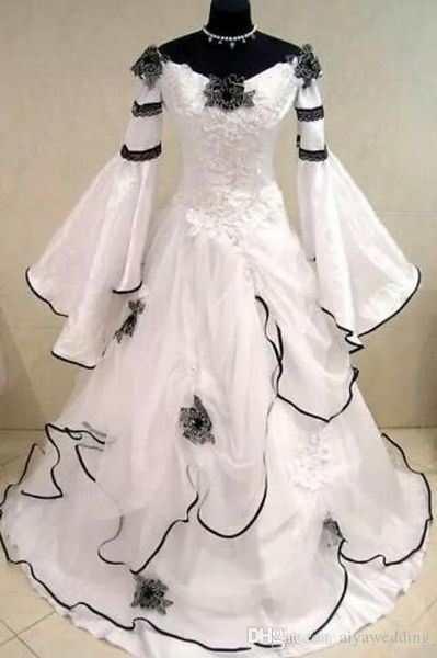 Renaissance Vintage robes de mariée médiévales noires et blanches robe de mariée celtique robes de mariée avec manches ajustées et évasées Flowe282c