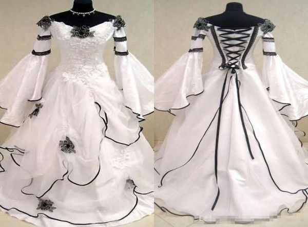 Robes de mariée médiévale en noir et blanc vintage pour femmes arabes robes de mariée celtique avec manches ajustées et fusées flowe6957332
