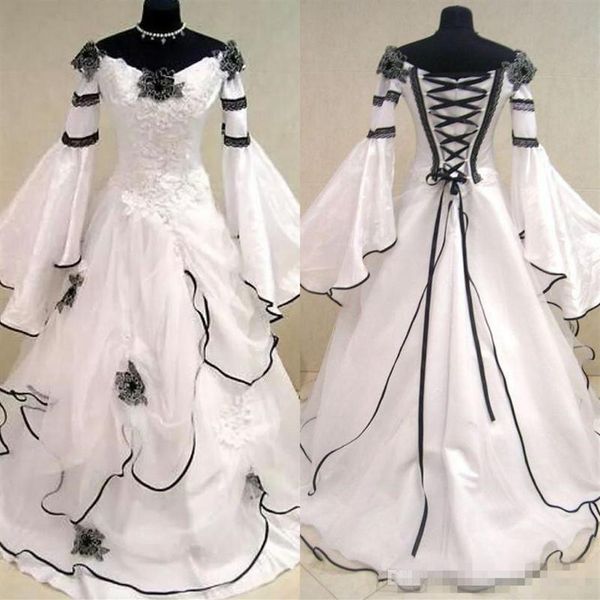 Vestidos de novia medievales en blanco y negro vintage renacentistas para mujeres árabes Vestidos de novia celtas con mangas ajustadas y acampanadas Flowe290z