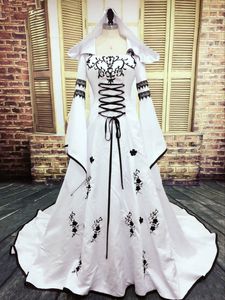 Renaissance bruiloft vintage middeleeuwse jurk met hoed zwart en witte gotische bruidsjurken borduurwerk een lijn satijnen korset speciale ocn jurken voor vrouwen es