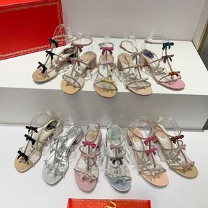 Rene Caovilla Strikje strass Sandalen riem Dikke blokhak enkel T-gebonden Kitten hakken Dames Feest-avondjurk Schoenen Luxe designer hakken met doos