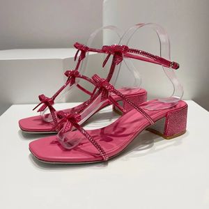 Rene Caovilla boogtjes dikke hiel Rhinestone sandaal kristal verfraaide avondschoenen roze dames sandalen ontwerpers jurk schoen enkelband fabrieksschoenen