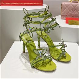 Rene Caovilla papillon cristal décoratif talons aiguilles sandales femmes chaussures de soirée 9,5 cm Serpentine Wraparound talons hauts de luxe pour femmes avec boîte