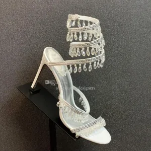 Rene Caovilla Chandelier Sandales ornées de cristaux Talons aiguilles en cuir Chaussures de soirée Femmes à talons Designers de luxe Chaussures enveloppantes à la cheville Chaussures d'usine