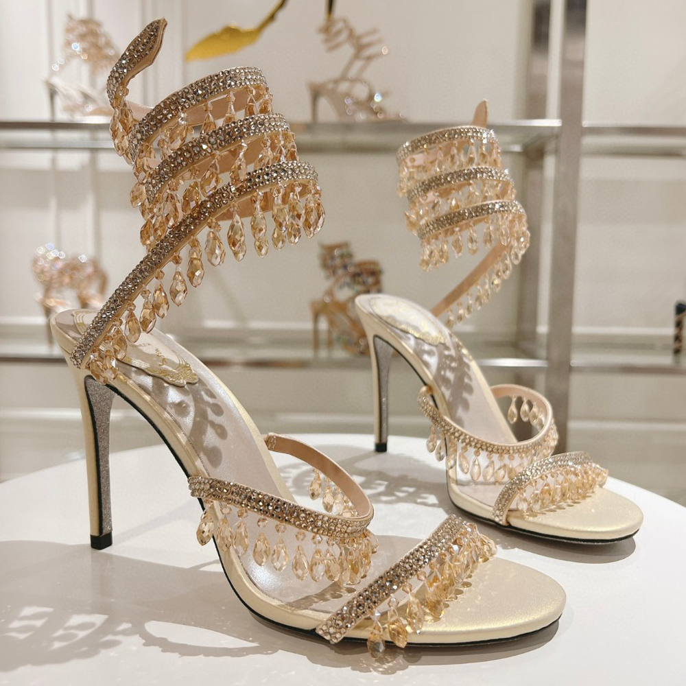 Rene Caovilla Chandelier Crystal Heels Sandal 95mm Women Designer High Heels 100% Real Leather Luxury Size 34-43 Evening Shoes Ankel Wraparound Women Rhinestone